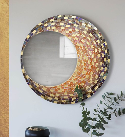 Buy Synthetic Wood Round Wall Mirror In Brown Colour By Global