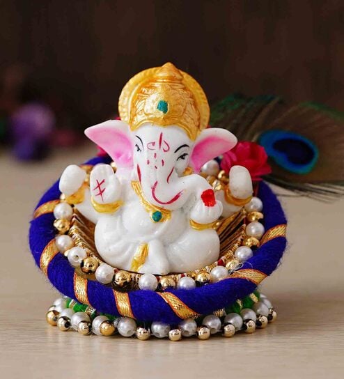 Multicolour Metal and Polyresin Lord Ganesha Idol on Decorative Handcrafted Floral Plate by eCraftIndia