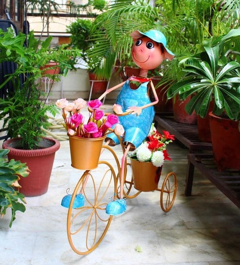 Buy Multicolour Metal Big Boy With Bicycle Decorative Planter By