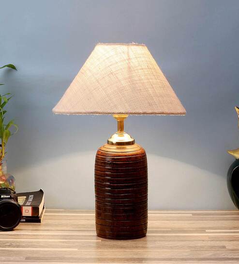 Multicolour Natural Fiber Shade Table Lamp With Brown Base By Foziq