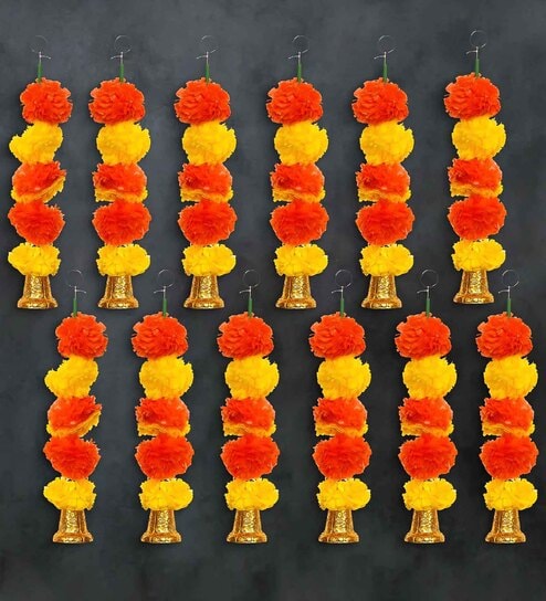 Orange & Yellow Plastic Artificial Marigold Flower Garland with Bells Wall Hanging (Set of 10)