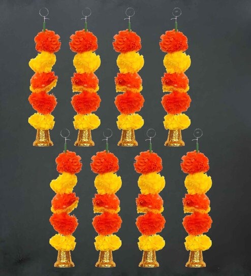Orange & Yellow Plastic Artificial Marigold Flower Garland with Bells Wall Hanging (Set of 8)