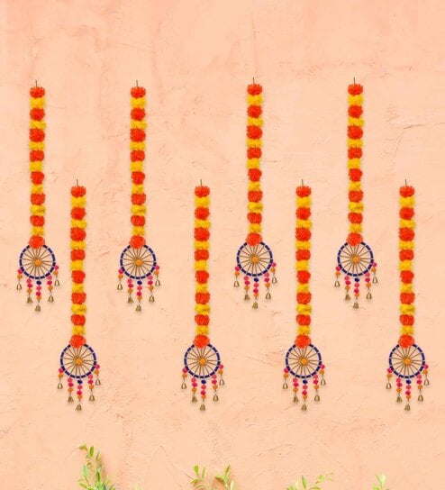 Orange & Yellow Plastic Artificial Marigold Flowers Hangings with Bangles Ringing Bells (Set of 8)