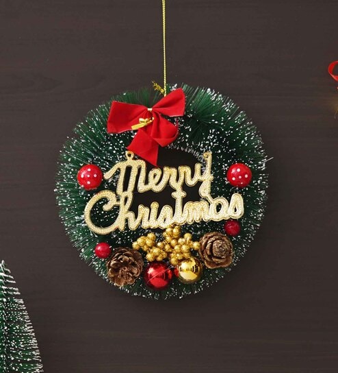 Red & Green Merry Christmas Wreath With Red Berries & Ribbon