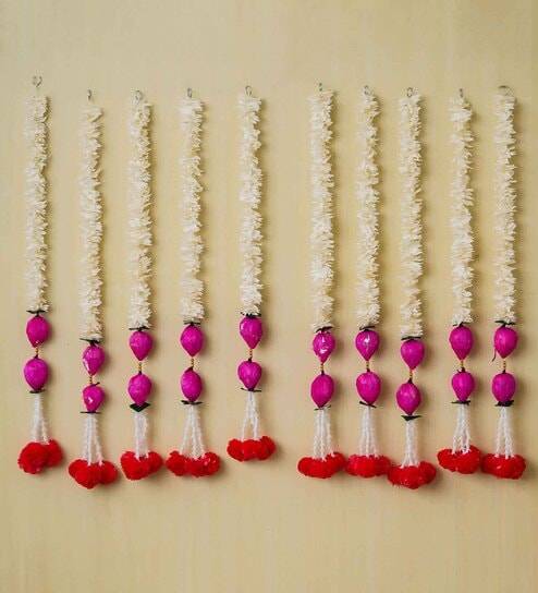 White & Pink Plastic Pink Lotus & White Red Artificial Flowers Hanging (Set of 10)