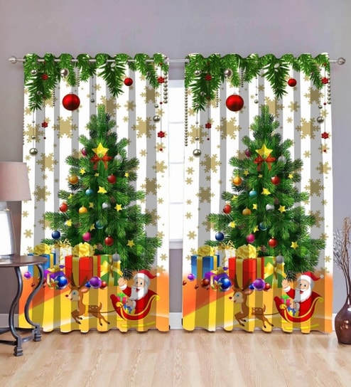 Multicolour Polyester 5Ft Light Filtering Christmas Theme Window Curtain (1Pc)