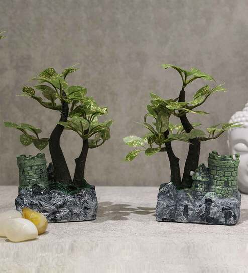 Multicolour Polyester Artificial Bonsai Plant With Ceramic Pot