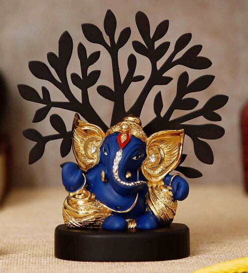 Multicolour Polyresin Gold Plated Blue Kaan Ganesha Idol With Wooden Tree