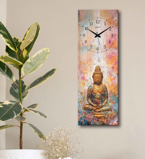 Multicolour Rectangle 24 Inches Wooden Wall Clock (Buddha)