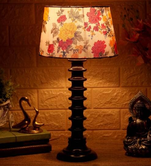 Peony Multicolour Fabric Shade Night Lamp With Wood Base