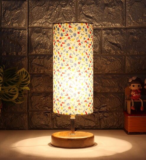 Rimini Multicolour Cottan Fabric Shade Table Lamp With Wood Base by New Era