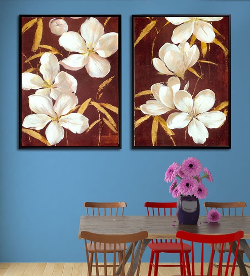 Multicolour Wood & Canvas Floral Art Panels - Set Of 2