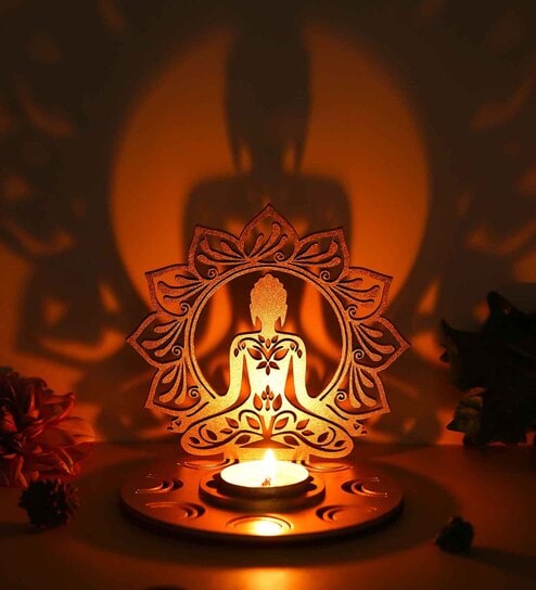 Wood Lord Buddha Lotus Shadow Tea Light Candle Holder