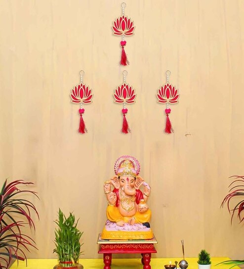 Pink Wood Lotus Flower Decorative Wall Hanging for Home Decor (Set of 4)