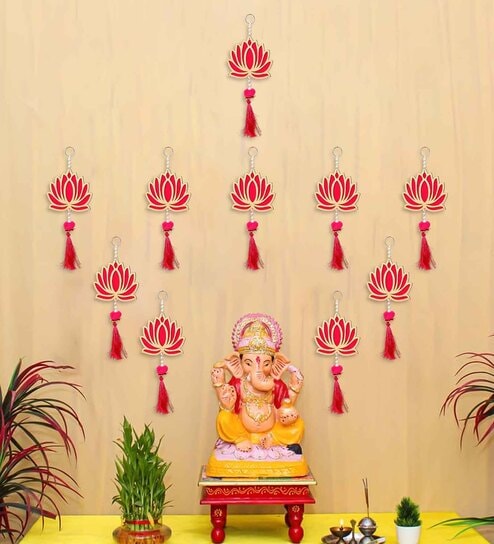 Pink Wood Lotus Flower Decorative Wall Hanging for Home Decor (Set of 6)