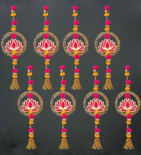 Maroon Wood Lotus in Golden Rings with Pom Pom, Bell Hangings Toran (Set of 8)