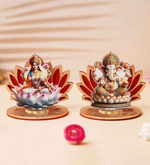 Maroon Wood Mdf Wooden Lakshmi Ganesha Sitting on Lotus Flower Decorative Showpieces (Set of 2)
