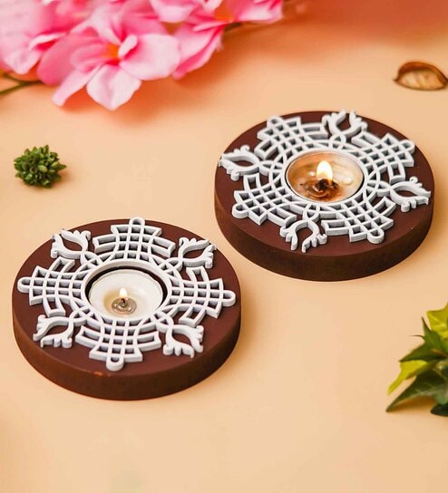 Multicolour Wood Round Wooden Block Print Tea Light Candle Holders (Set of 2)