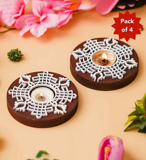 Multicolour Wood Round Wooden Block Print Tea Light Candle Holders (Set of 4)