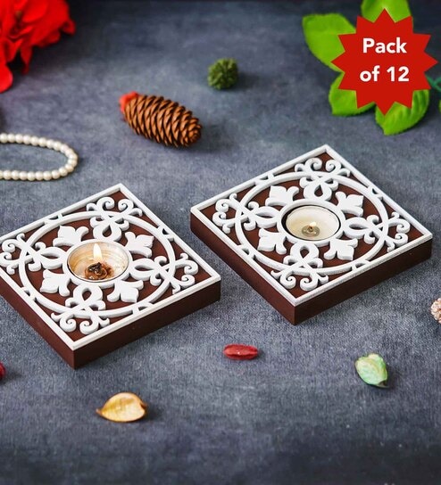 Multicolour Wood Square Wooden Floral Block Print Decorative Tea Light Holders (Set of 12)