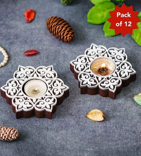 Multicolour Wood Wooden Floral Printing Block Decorative Tea Light Candle Holders (Set of 12)
