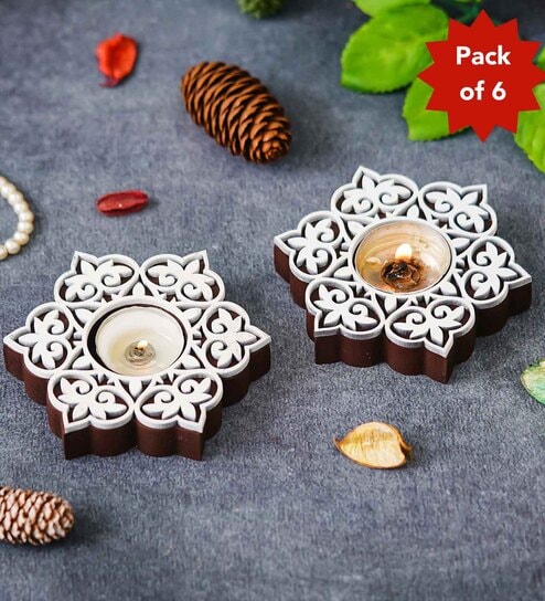 Multicolour Wood Wooden Floral Printing Block Decorative Tea Light Candle Holders (Set of 6)