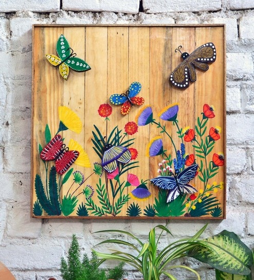 Buy Multicolour Wooden Hand Painted 3d Butterfly Wall Mural By