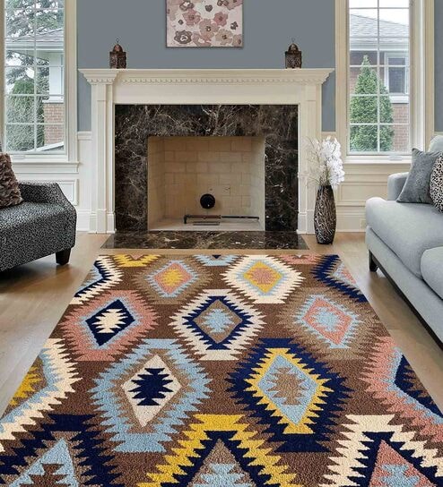 Blue Abstract Wool 5 ft x 7 ft Hand Woven Carpet by Numan Oriental Rugs