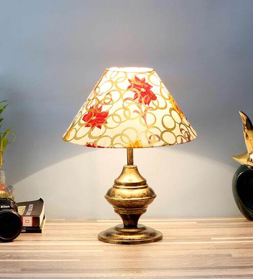 Multicolur Fabric Shade Table Lamp With Antique Base By Foziq