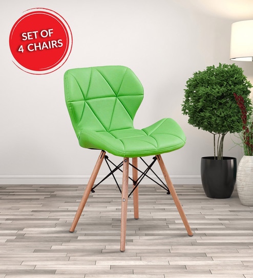 Multipurpose Leatherette Dining Chair With Wooden Legs In Green Set Of 4 By Workspace Interio