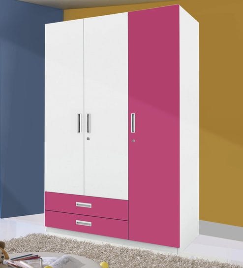 Buy Mural Three Door Wardrobe With External Drawer In Pink White