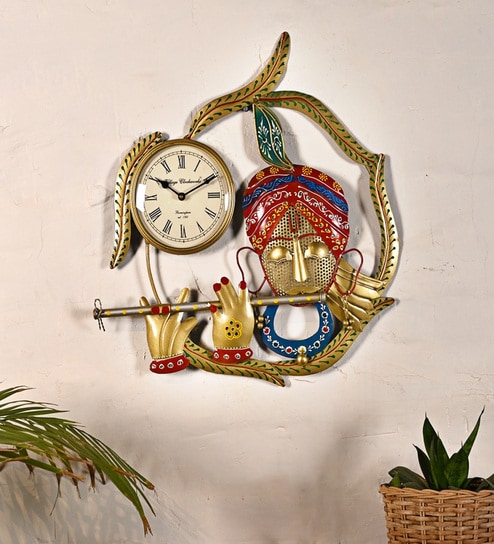 Multicolor Metal Handpainted Murli Krishna Wall Clock