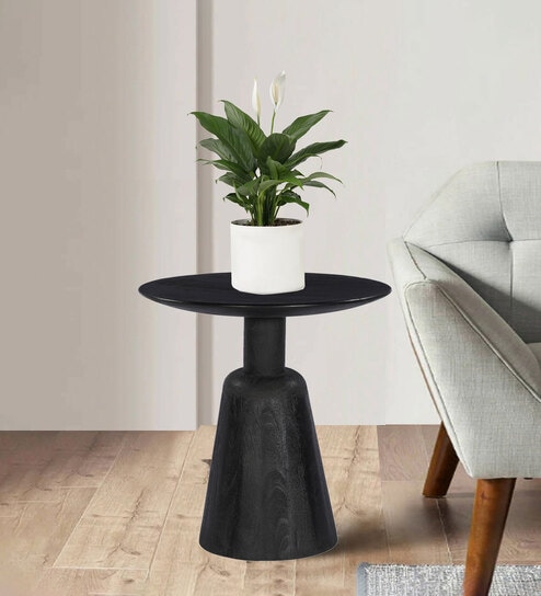 Mushroom Solid Wood Side Table In Sandblast Black Finish