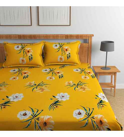 Mustard Floral 144 TC Cotton King Fitted Bedsheet Bedsheet 2 Pillow Rose Collection