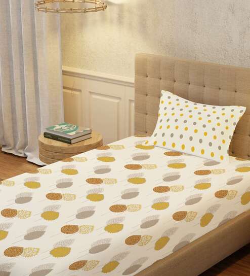 Mustard Floral 200 TC Cotton Single Bedsheet with 1 Pillow Cover