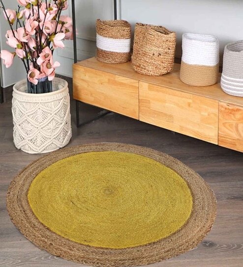 Mustard Geometrical Jute 5 X 5 Feet Hand Woven Round Carpet by SHAHINA EXPORTS