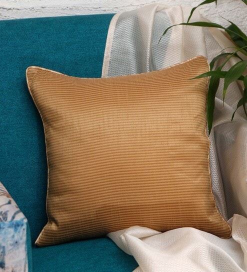 Gold Striped Polyester Blend 16 x 16 Inches Cushion Cover by Zeba