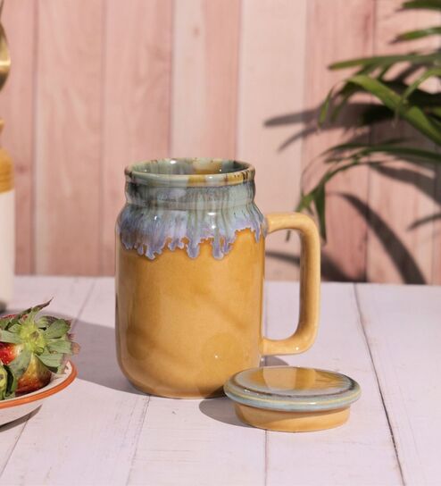 Mustard Studio Pottery Ceramic Mason Jar Cup with Lid