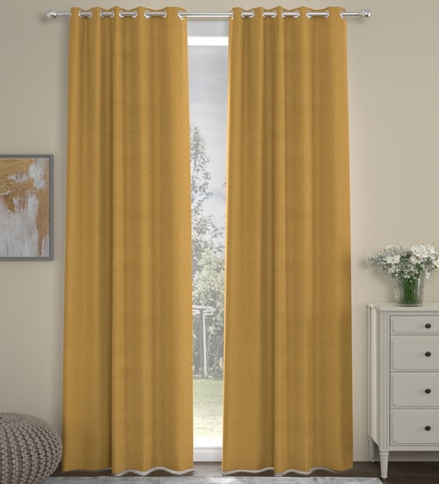 Mustard Velvet Solid 7ft Regular Eyelet Door Curtains (2 Pc)
