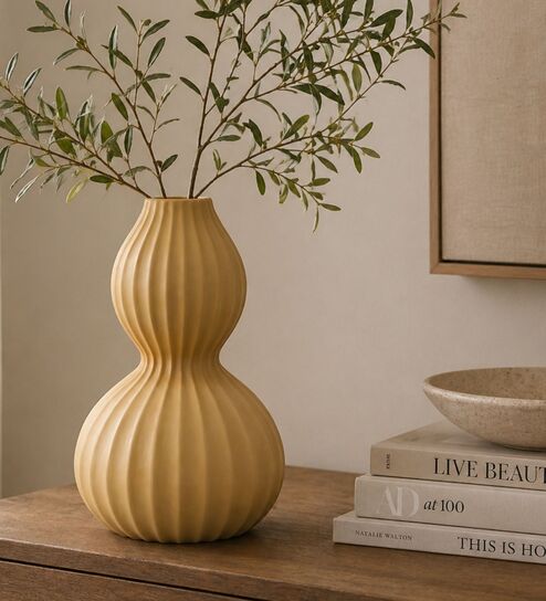 ashnam Musturd Yellow Elegant Ribbed Double Gourd Decorative Vase-picture-11