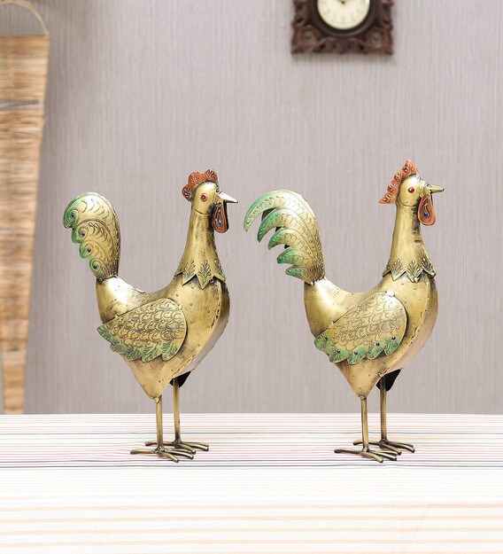 Buy Multicolor Iron Rooster Hen Set Of 2 Figurine By