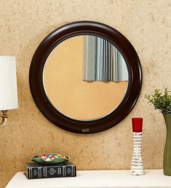 Buy Solid Wood Round Wall Mirror in Black colour by D'Dass Online