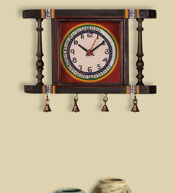 Buy Multicolour Teak Wood Tribal Timing Warli HandPainted Wall Clock