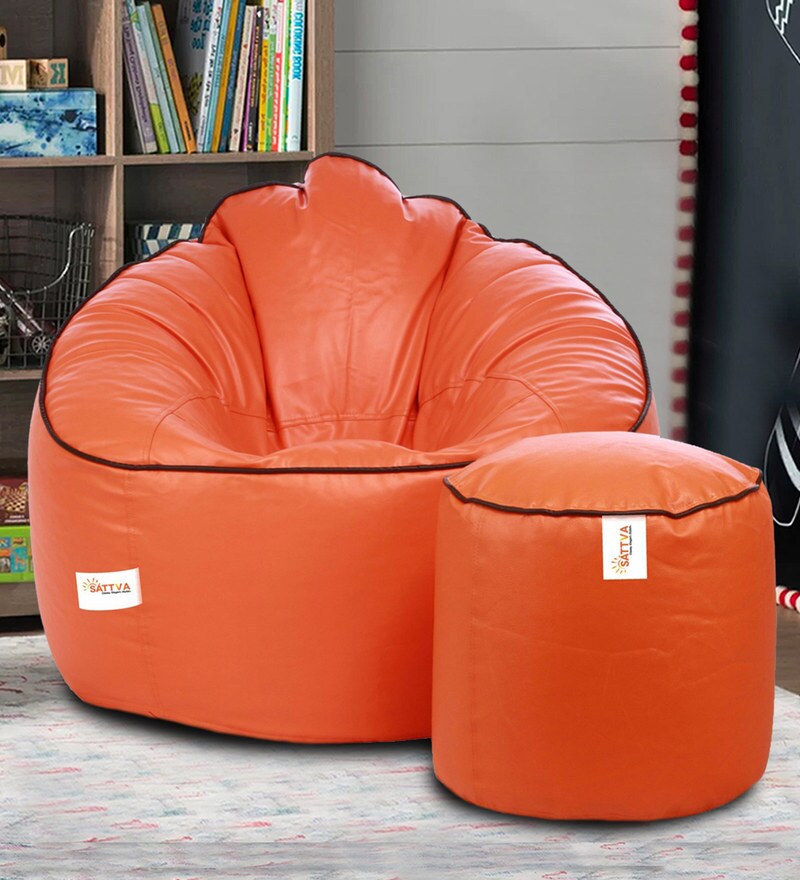 Buy Combo Muddha XXXL Bean Bag & Round Pouffe with Beans in Orange