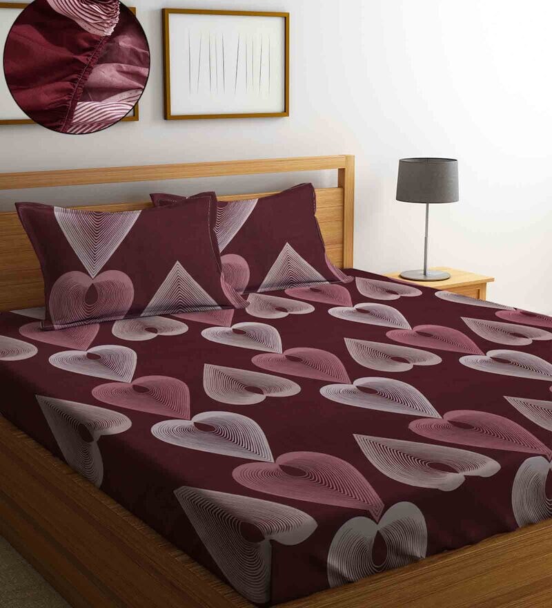 Buy Maroon Abstract 280 TC Cotton Blend Double Queen Size Fitted