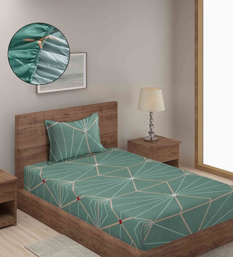 Buy Green Abstract 280 TC Cotton Blend Single Bed Fitted Bedsheet with 1 Pillow Cover by Hosta
