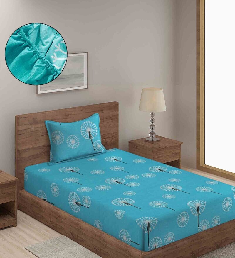 Buy Blue Abstract 280 TC Cotton Blend Single Bed Fitted Bedsheet with 1 Pillow Cover by Hosta