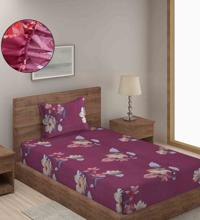 Buy Wine Floral 280 TC Cotton Blend Single Bed Fitted Bedsheet with 1