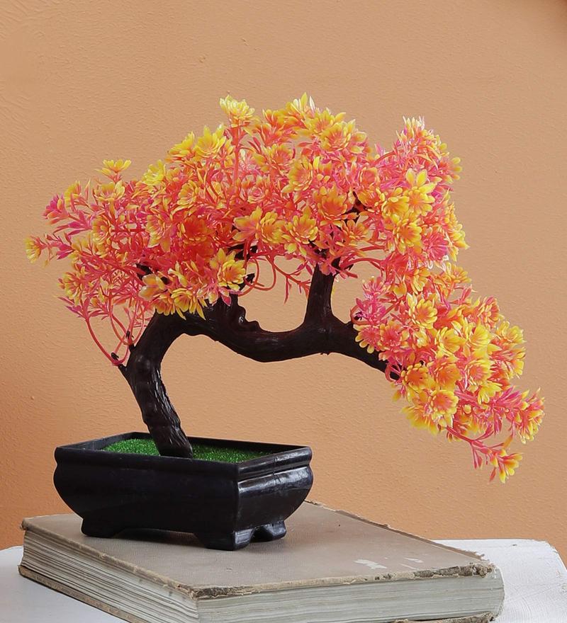 Buy Orange Yellow Flowers Plastic Bent Bonsai Artificial Tree With Brown Pot By Foliyaj Online Artificial Plants Artificial Plants Home Decor Pepperfry Product