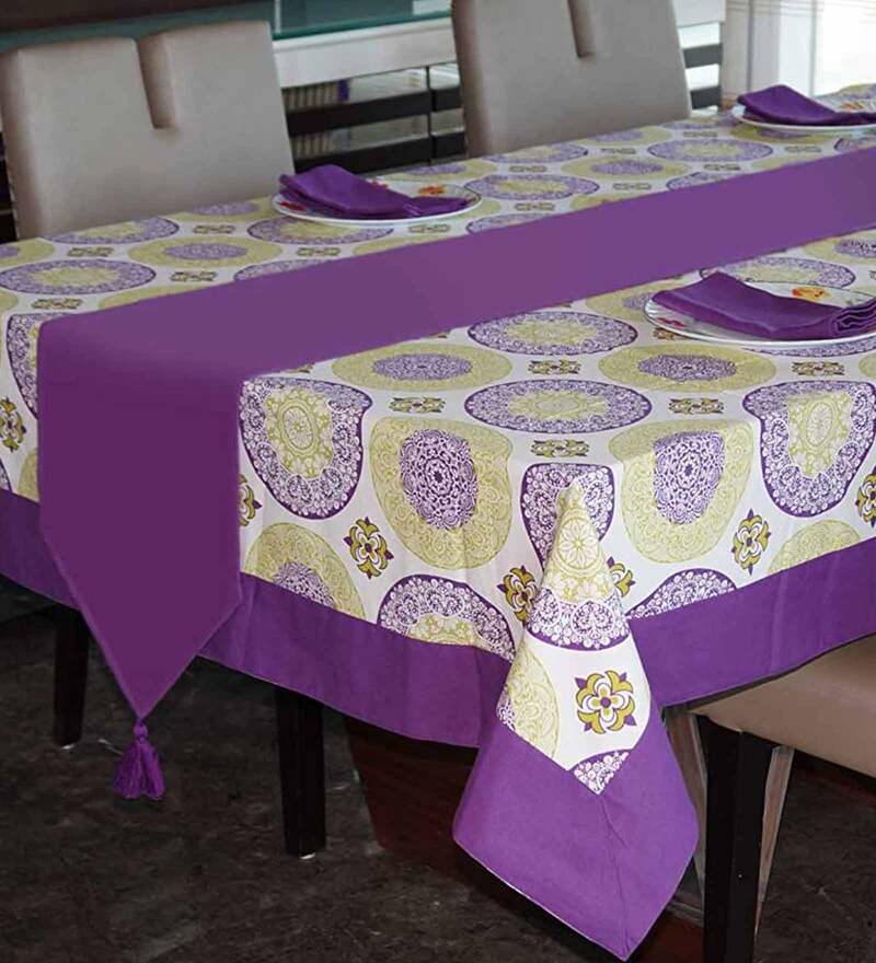 Buy Purple Printed Cotton 10 Pcs Table Linen Set by Lushomes Online